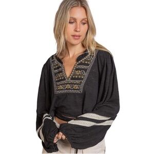 POL Women’s Boho Embroidered Black Gauzy Crop Boho Top